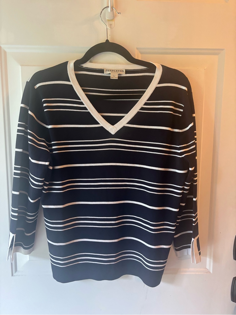 Pendleton Navy & White Striped V‑Neck Sweater